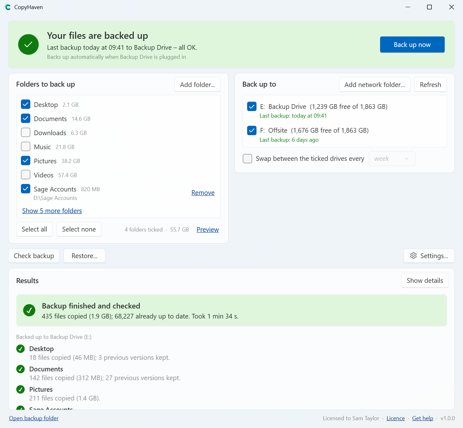 The CopyHaven window: a green banner saying “Your files are backed up”, the folders and drives that are ticked, and the results of the last backup.