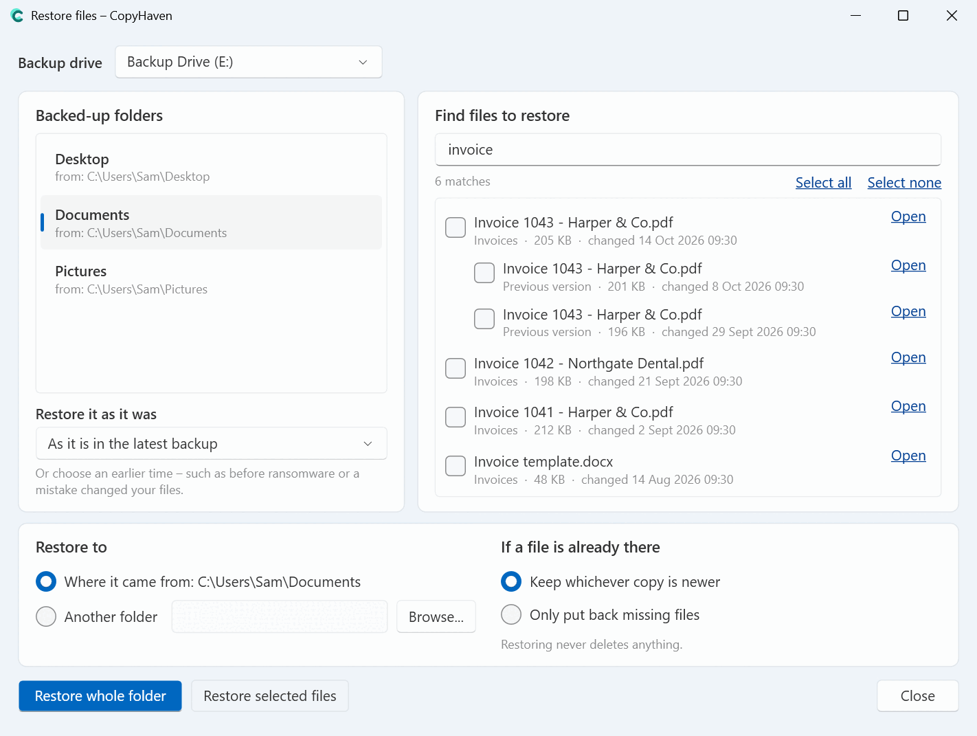 The Restore window: a search for “invoice” in the Documents backup, listing invoices with two earlier versions of one of them, and the choice of restoring the folder as it was before an earlier backup.