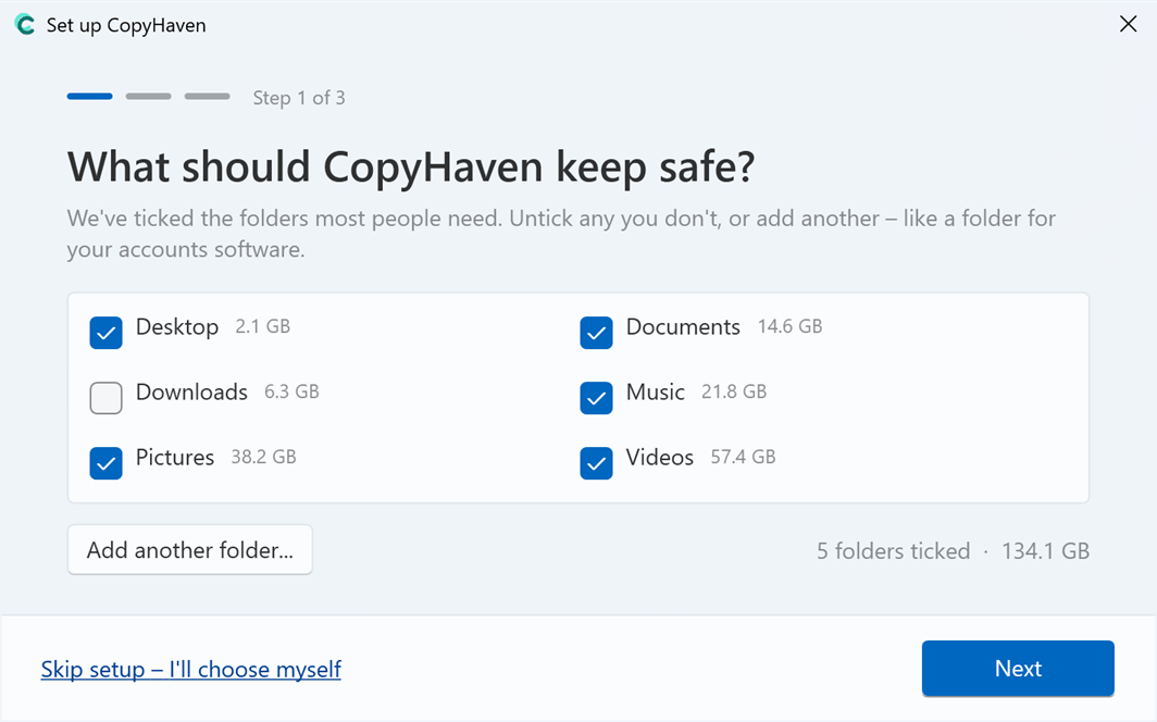 Step 1 of CopyHaven's setup: “What should CopyHaven keep safe?”, with Desktop, Documents, Pictures, Music, and Videos ticked.